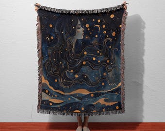 Celestial Goddess Cotton Woven Throw Blanket | Starry Night Tapestry