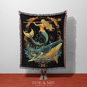 Mermaid & Whale Blanket | Ocean Fantasy Throw | Mythical Sea Queen Decor | Woven Nautical Art Gift | Coastal Mermaidcore Tapestry