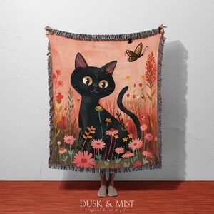 Peach Cottagecore Cat 100% Cotton Blanket | Floral Field Woven Throw | Black Cat & Butterfly Decor | Gift for Cat Mom | Cozy Pet Gift