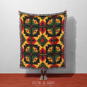 Geometric Tribal Woven Blanket | Boho Abstract Throw in Red, Yellow, Green | Bold Ethnic Wall Tapestry | Modern Afro Folk Pattern Decor