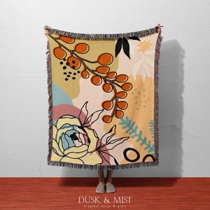 Abstract Botanical Woven Blanket | Boho Floral and Berry Cotton Throw | Colorful Nature Tapestry for Wall, Bed or Cozy Sofa Decor