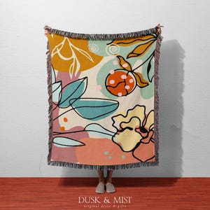 Colorful Abstract Botanical Woven Blanket | Boho Floral and Leaf Cotton Throw | Modern Nature Tapestry for Wall, Bed or Sofa Decor