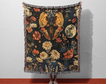 Celestial Moth Woven Blanket | Gothic Moon & Floral Throw