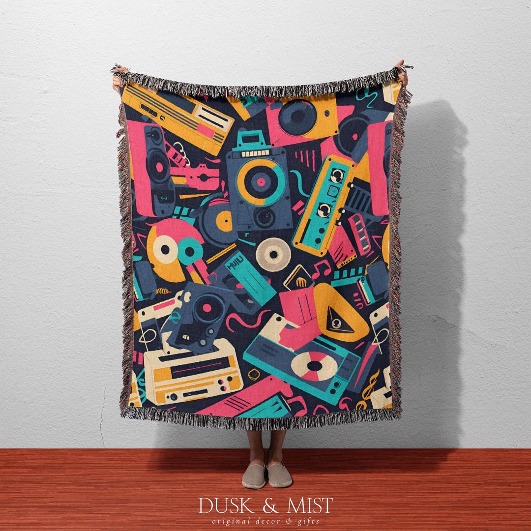 Retro 80s Music Woven Cotton Throw Blanket | Funky Cassette Design - Etsy