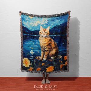 Tabby Cat Nature 100% Cotton Woven Throw | Woven Blanket with Lake and Mountains | Orange Cat Cozy Decor | Cottagecore Pet Gift