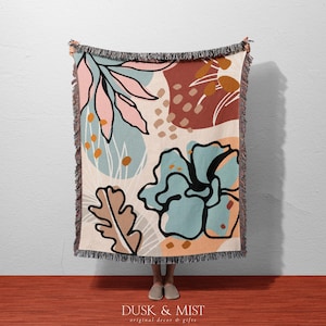 100% Cotton Abstract Botanical Woven Blanket | Modern Boho Floral Throw | Colorful Nature-Inspired Wall Tapestry, Couch or Bed Decor