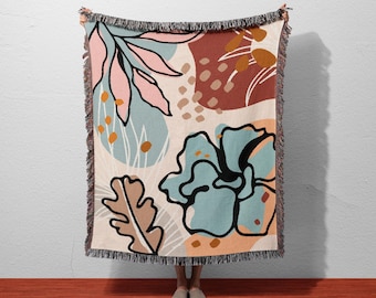 Abstract Floral Woven Cotton Blanket | Boho Wall Tapestry