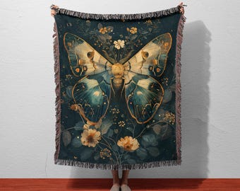 Moth Woven Blanket | Cottagecore Floral Tapestry