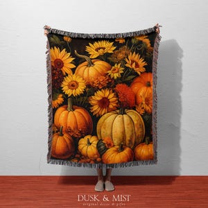 Autumn Pumpkin & Sunflower Cotton Blanket | Cozy Fall Woven Throw | Cottagecore Thanksgiving Decor | Rustic Harvest Bedding | Gift for Her