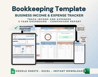 May include: A digital bookkeeping template for tracking business income and expenses. The template includes a 5-year dashboard and comparison report, and is accountant approved. The template is available for download in Google Sheets and Excel formats.  The text on the image reads "Bookkeeping Template, Business Income & Expense Tracker, Track Income and Expenses, 5 Year Dashboard - Comparison Report, Accountant Approved, Quick Setup, Easy to Use, Google Sheets - Excel - Instant Download".
