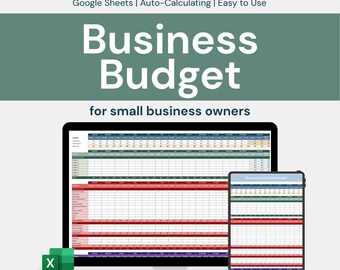 May include: A digital business budget template displayed on a laptop and tablet. The text "Business Budget for small business owners" is visible. The image also includes the text "Google Sheets | Auto-Calculating | Easy to Use".