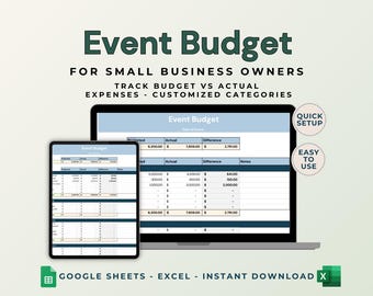 May include: A digital spreadsheet template for event budgeting, displayed on a laptop and tablet screen. The template includes columns for budgeted, actual, and difference amounts, as well as notes. The text "Event Budget" is displayed at the top of the spreadsheet. The text "Google Sheets - Excel - Instant Download" is displayed at the bottom of the image.