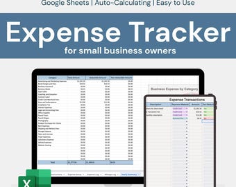 May include: A digital expense tracker for small business owners, displayed on a laptop and tablet. The image shows a spreadsheet with categories and financial data, along with the text "Expense Tracker". The image also includes the text "Google Sheets | Auto-Calculating | Easy to Use".