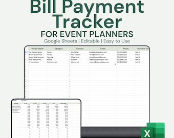 May include: A digital bill payment tracker for event planners, displayed on a computer screen. The spreadsheet is labeled "Bill Payment Tracker" and includes columns for vendor name, category, contact, email, phone, and payment terms. The text "Google Sheets | Editable | Easy to Use" is also visible.
