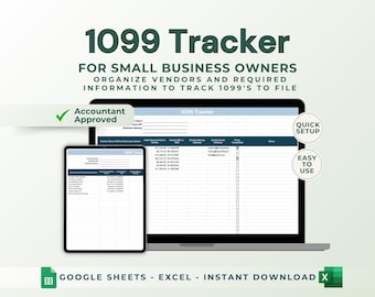 May include: A digital download for a 1099 tracker spreadsheet. The spreadsheet is designed to help small business owners organize vendors and track 1099s to file. The image shows a screenshot of the spreadsheet on a laptop screen. The spreadsheet is labeled "1099 Tracker" and has columns for vendor name, official business name, total amount paid, vendor mailing address, vendor email address, filing completed, and notes.