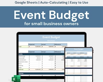 May include: A laptop and tablet display an event budget spreadsheet. The text "Event Budget" is prominently displayed, with the tagline "for small business owners." The spreadsheet shows projected, actual, and difference columns.