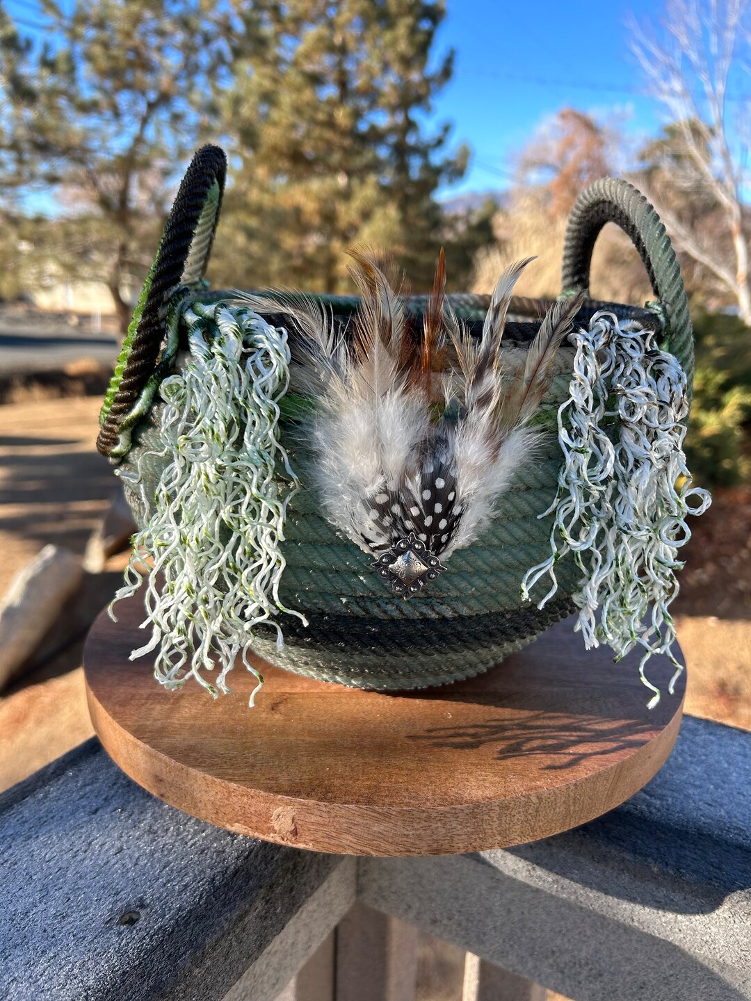 Lariat Rope Basket With Handles 9 Tall, and 9 Across With Feather and