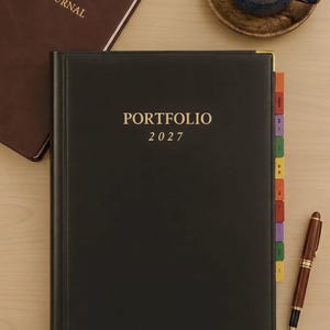 Puede incluir: Una agenda portfolio negra 2027 con letras doradas en la portada, que presenta pestañas de índice laterales multicolores. Junto a ella hay un diario marrón, una pluma estilográfica con detalles dorados y una taza de café de cerámica oscura sobre un platillo de madera.