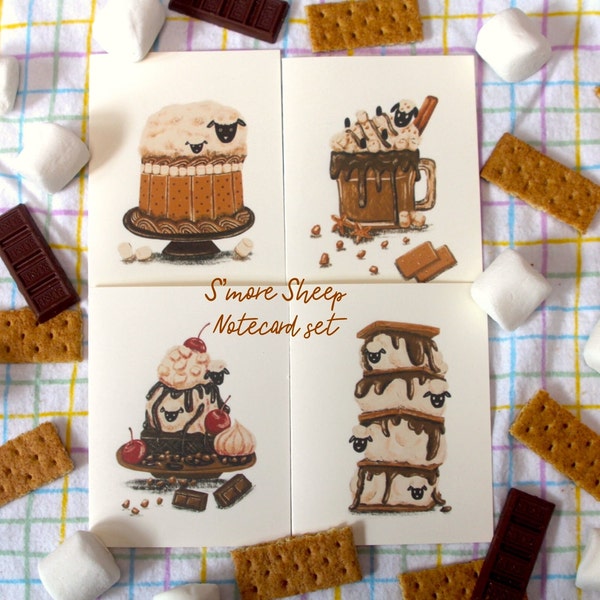 Handmade Fun Cute Animal Dessert Blank Notecard Set of 4 with assorted envelopes : S'more Sheep I For Animal & Desserts Lovers, Birthday
