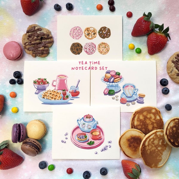 Handmade Dessert Cute Blank Notecard Set of 4 with assorted envelopes : Tea Time I Birthday, Thank you, Thinking of You, Hello Spring Summer