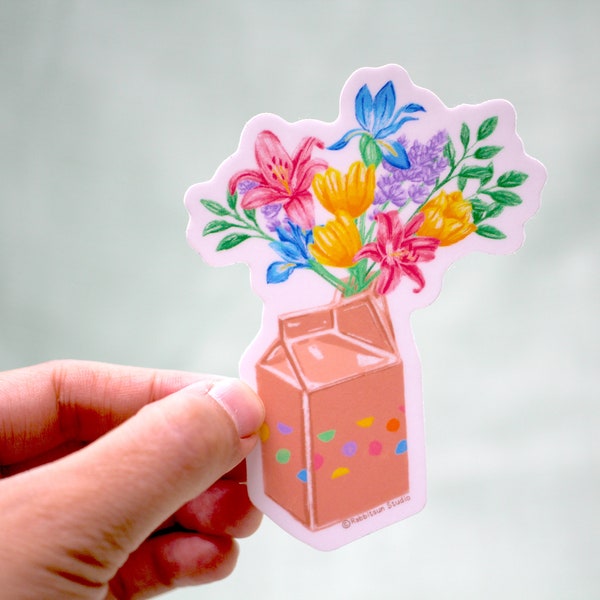 Vibrant Die Cut Sticker- Cute Whimsical Bunch of Flowers Bouquet in Milk Carton I Tumbler Water Bottle Laptop Phone Notebook Journal Sticker