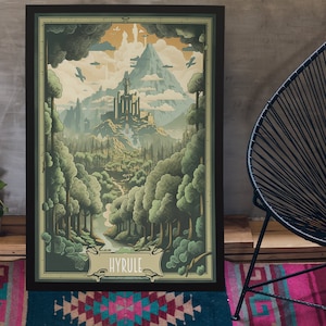 Hyrule Reise Poster Kunst Digitaler Download, Zelda inspiriert Poster, Besuchen Sie Hyrule Poster, Fiktive Reise Poster Vintage, Spiel Geschenke für Fans