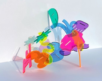 TIPO L • Arte acrílico abstracto DIY: Decoración de mesa con atrapasol arcoíris, escultura plástica maximalista
