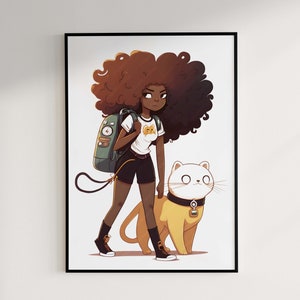 Super chique digitale illustratie, zwarte vrouw met kat, Afro AI, afdrukbare kunst, anime kunst, Instant Download
