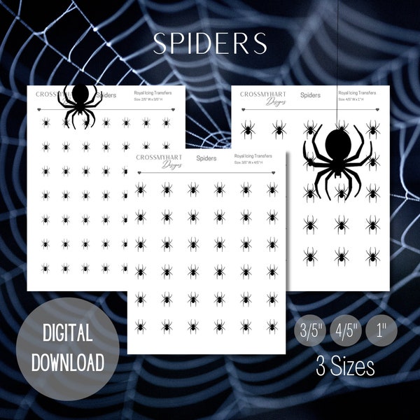 Décalcomanies en glaçage royal Spiders | Transferts de glaçage Spider Royal | Transferts de glaçage royal d'Halloween | Téléchargement numérique | 3 tailles