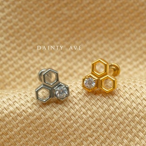 20G/18G/16G CZ Honeycomb Push Pin Labret • Threadless Flat Back Earring • Tragus • Flat Back Stud • Helix Stud • Cartilage • Titanium