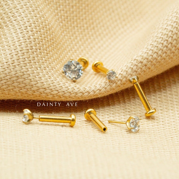 20G/18G/16G Tiny Clear CZ Studs • Push Pin Labret • Threadless Flat Back Earring • Tragus • Flat Back Stud • Helix • Cartilage • Nose Stud