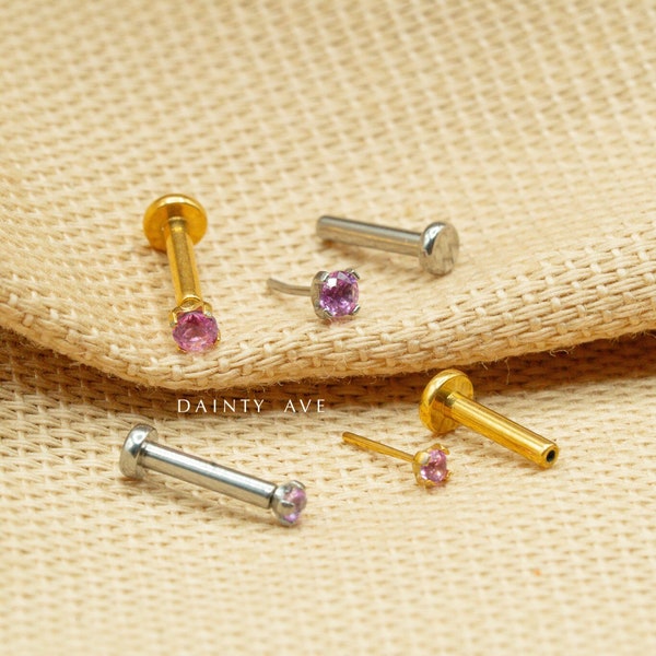 20G/18G/16G Tiny Pink CZ Studs • Push Pin Labret • Threadless Flat Back Earring • Tragus • Flat Back Stud • Helix • Cartilage • Nose Stud