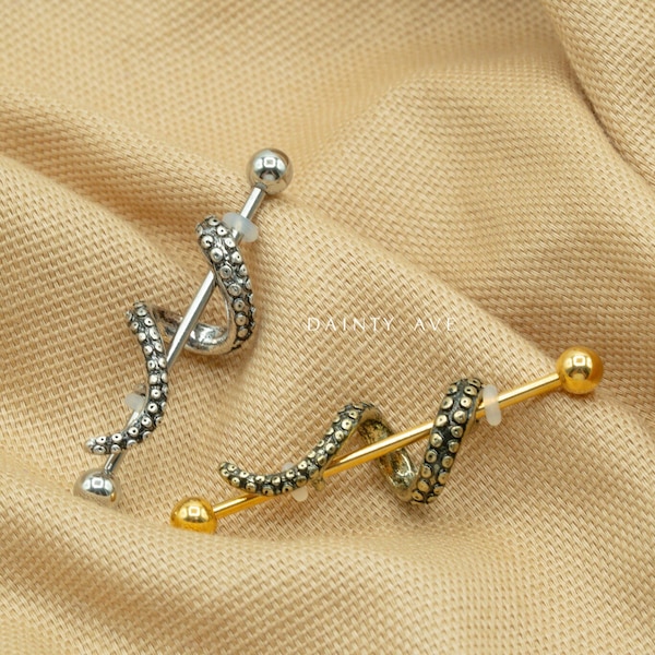 14G 38mm Long Kraken Octopus Tentacle Gold Silver Industrial Barbell Scaffold Construction 316L Surgical Steel Cartilage Ear Piercing