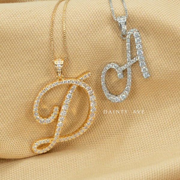 Diamond Cursive Initial Pendant Necklace 24 KT Gold Filled and Silver CZ Diamonds Regina George Letter Necklace Women Jewelry Gift Jewelry
