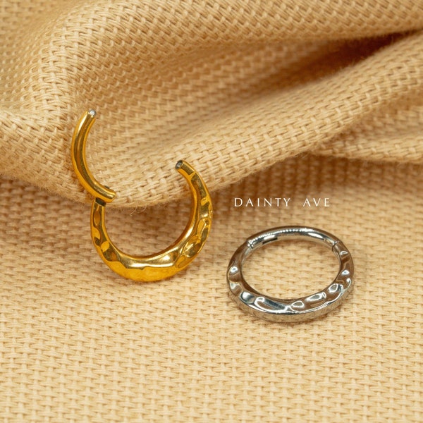 16G Hammered Septum Ring • Textured Septum Clicker • Dented Clicker • Nose Ring • Daith Hoop • Daith Earring • Titanium Hoop • Gold • Silver