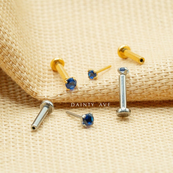 20G/18G/16G Tiny Royal Blue CZ Studs • Push Pin Labret • Threadless Flat Back Earring • Tragus • Flat Back • Helix • Cartilage • Nose Stud