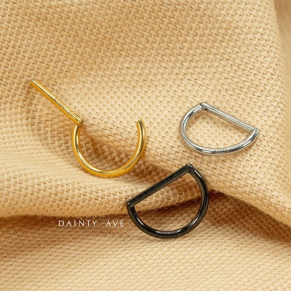 16G D Shape Septum Ring • Septum Clicker • Half Circle Hoop • Nose Ring • Daith Hoop • Cartilage Hoop • Titanium • Gold • Silver • Black