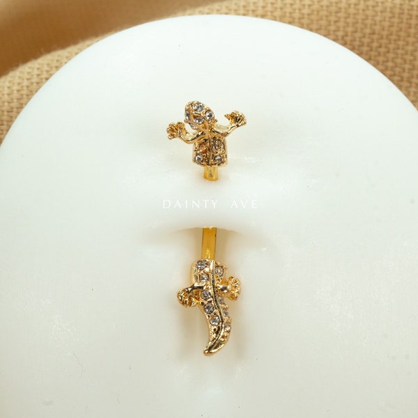 14G Gold Gecko Lizard Belly Button Ring Navel Jewelry Curved Barbell Threaded Belly Ring Belly Bar Belly Ring Waterproof Belly Ring