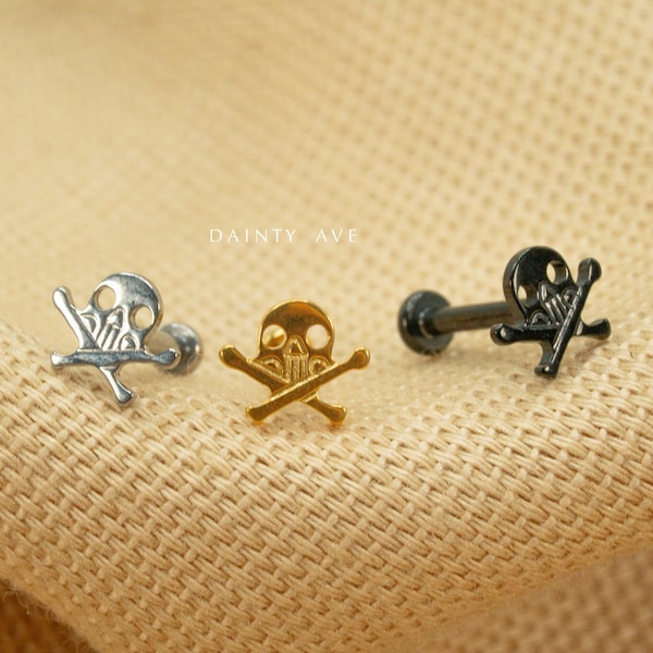 20G/18G/16G Skull Crossbones Push Pin Labret • Threadless Flat Back Earring • Tragus • Flat Back Stud • Helix Stud • Cartilage • Titanium