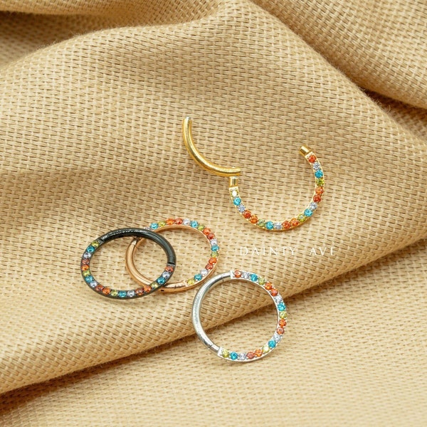 16G Rainbow CZ Clicker Hoop • Hinged Segment Nose Ring • Septum Ring • Gold • Silver • Cartilage Hoop Piercing • Daith Earring • Helix