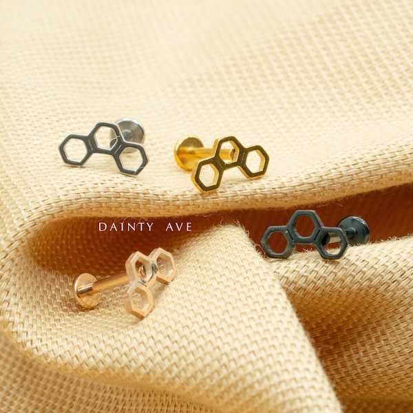 16G Honeycomb Flat Back Labret • Small Honeycomb Stud • Cartilage Earring • Helix Piercing • Tragus Stud • Conch • Gold • Silver