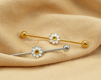 14G 38mm Long Daisy Flower Industrial Barbell Gold Silver White Flower Scaffold Construction 316L Surgical Steel Cartilage Ear Piercing