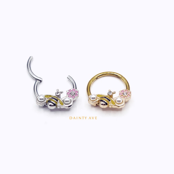 16G Bee Flower Hoop • Hinged Segment • Nose Ring • Septum Clicker • Cartilage Hoop • Daith Hoop • Helix Earring • Conch • Silver • Gold