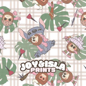 May include: A seamless pattern featuring a blue Stitch character from Lilo & Stitch holding a brown tiki character with a green leaf background. The pattern also includes brown tiki characters with green leaves and a white and brown plaid background.