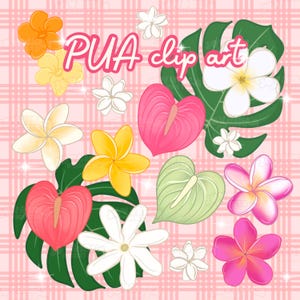 Könnte beinhalten: Digitale Illustration mit tropischen Blumen und Blättern in verschiedenen Farben, darunter Rosa, Gelb, Weiß und Grün, mit dem Text "PUA clip art". Der Hintergrund ist ein rosa Karomuster. Geeignet für Designprojekte.