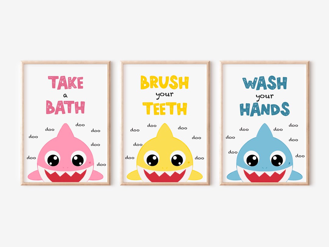 Downloadable Set of 3 Baby Shark Bathroom Wall Art, Kids Bath Printable