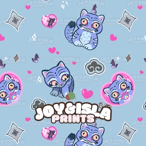 Può includere: Motivo ripetuto su sfondo azzurro con gatti dei cartoni animati a strisce viola e blu, cuori, nuvole e altri elementi decorativi. È visibile anche il testo "JOY&ISLA PRINTS".