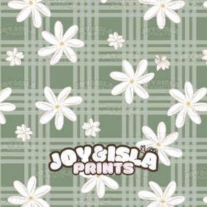 May include: A seamless pattern featuring white daisy-like flowers with yellow centers scattered across a muted green plaid background. The text "JOY&ISLA PRINTS" is displayed in a playful font.