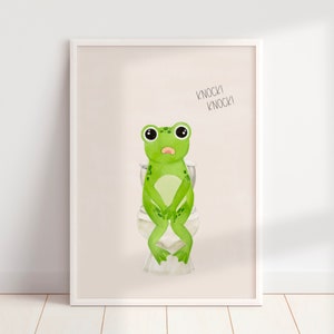 PRINTED & SHIPPED Frog on the Potty, Cute Froggy Bathroom Wall Art, Spa Decor, Funny Bathroom Art Print, Kid&#39;s Bathroom Decor Wall Print