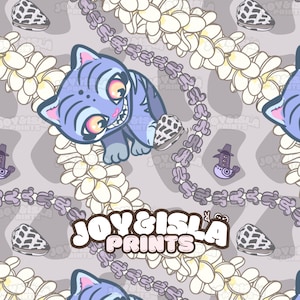 May include: A repeating pattern featuring a cartoon cat with a wide grin, surrounded by floral and seashell motifs. The cat is blue with pink accents, and the background is a light gray. The text "JOY&ISLA PRINTS" is also visible.